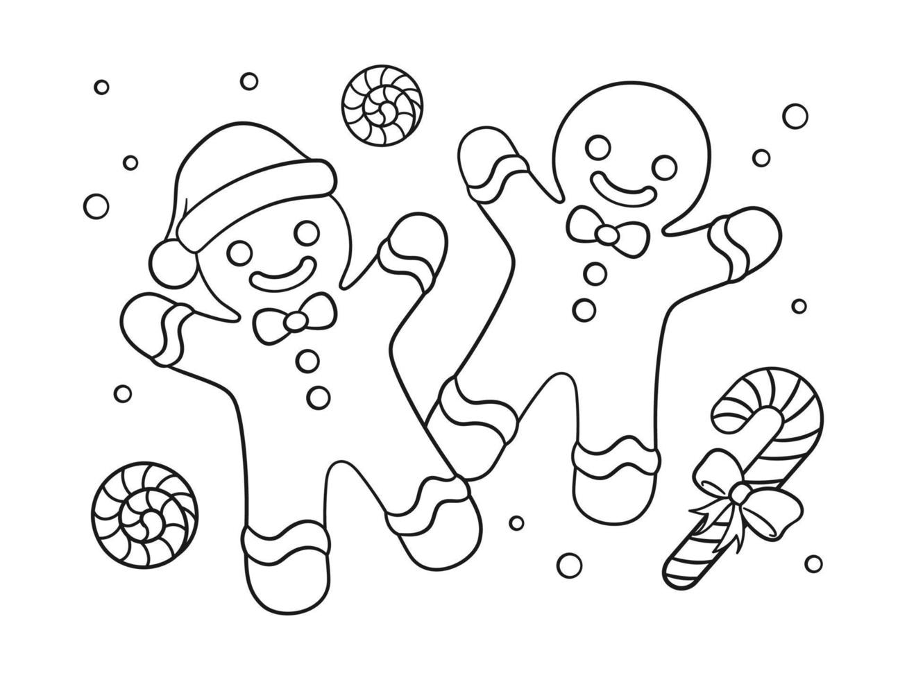 Gingerbread man cookies with peppermint and candy cane outline line art doodle cartoon illustration. Winter Christmas theme coloring book page activity for kids and adults. vector