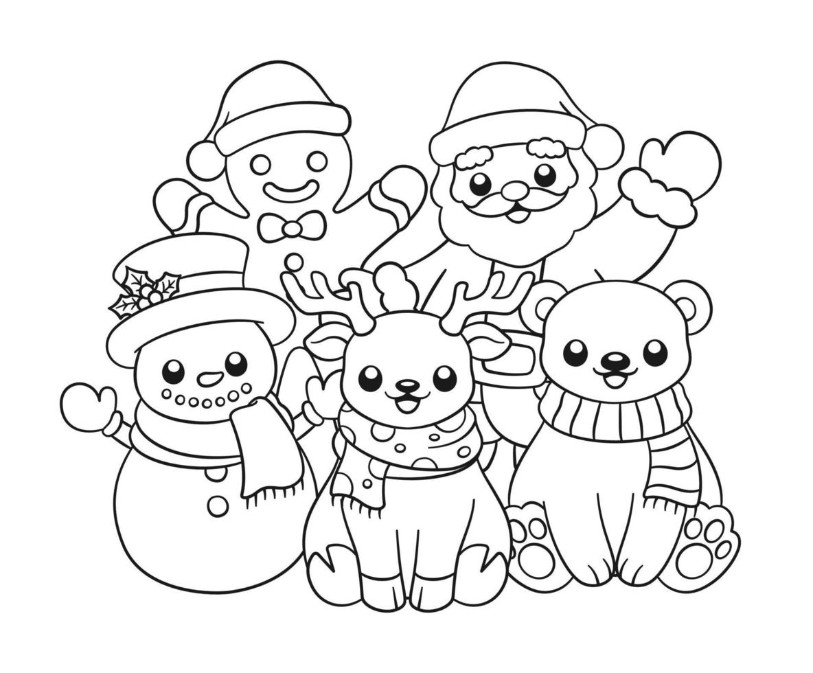 Santa Claus, Gingerbread man, snowman, reindeer, polar bear outline line art doodle cartoon illustration. Winter Christmas theme coloring book page activity for kids and adults. vector