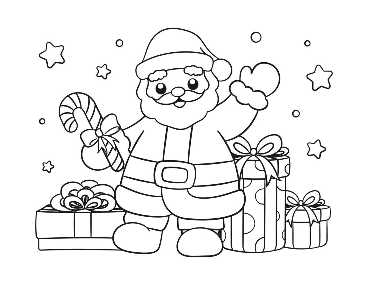 santa claus con regalos y bastón de caramelo ilustración de dibujos animados de doodle de arte lineal. actividad de la página del libro de colorear del tema navideño de invierno para niños y adultos. vector
