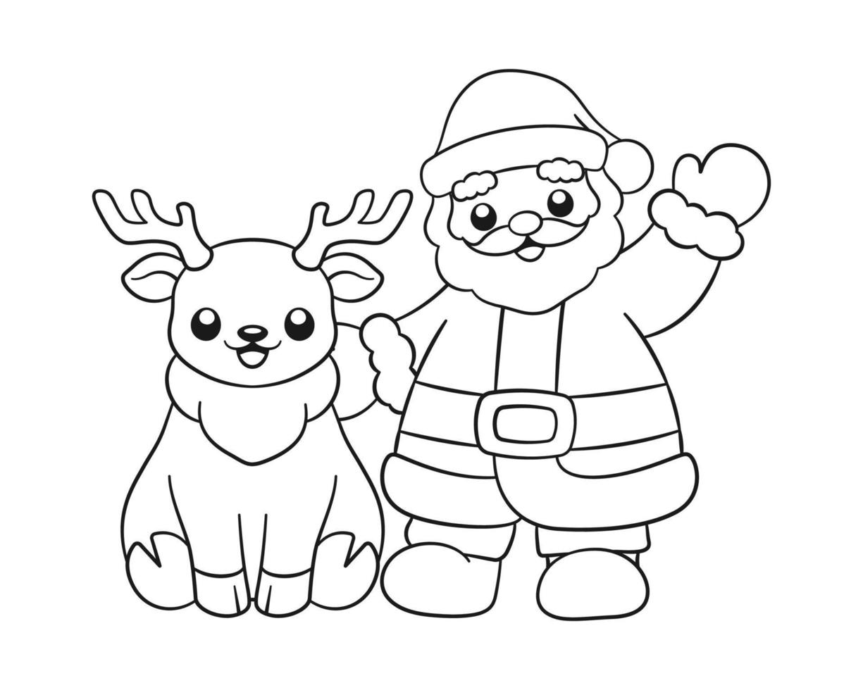 Santa con ilustración de dibujos animados de doodle de arte de línea de contorno de renos. actividad de la página del libro de colorear del tema navideño de invierno para niños y adultos. vector