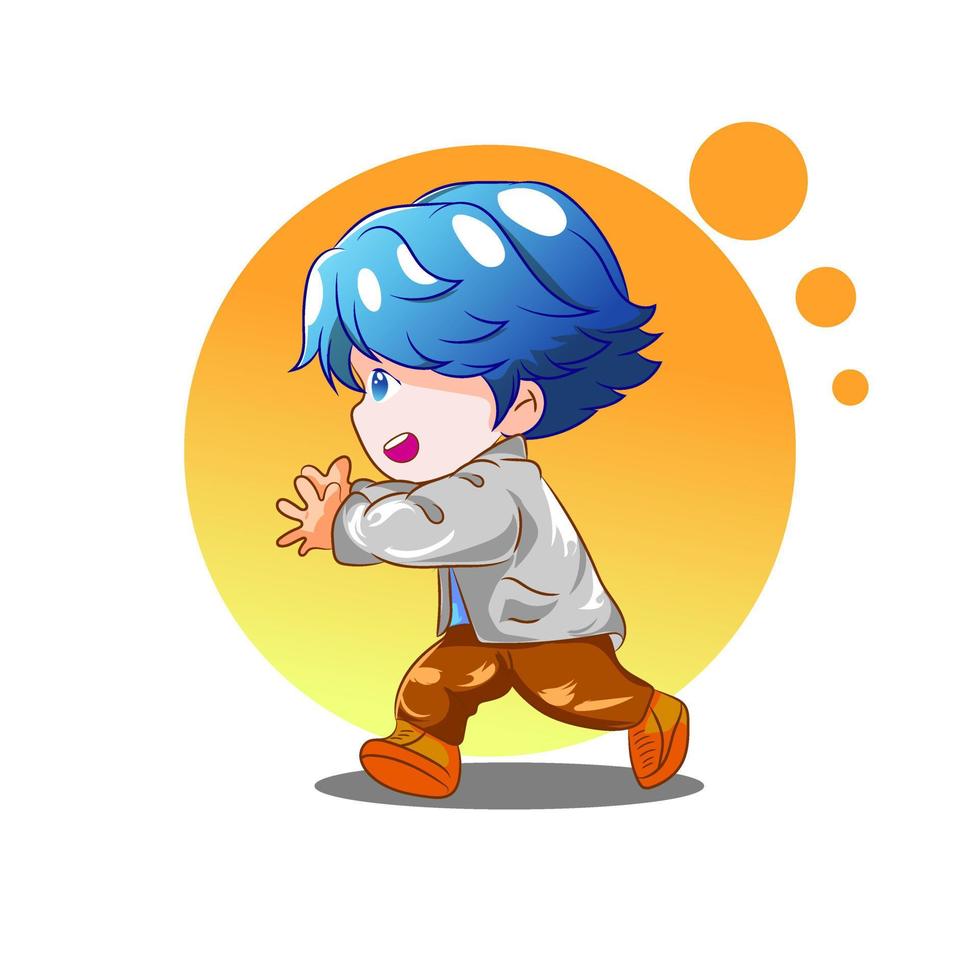 Premium vector l cute boy run, blue hair, korean anime style. free royalti