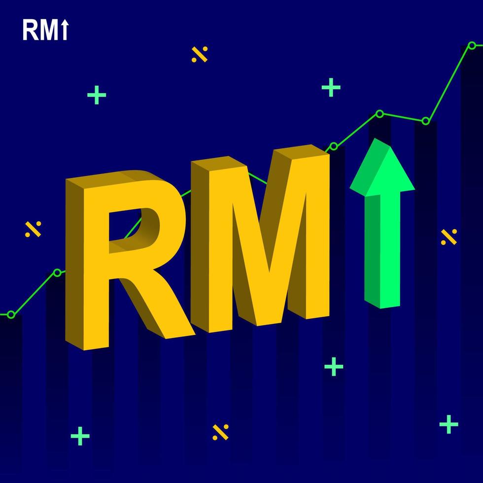 Símbolo 3d del aumento del valor de la moneda del ringgit de Malasia con flecha hacia arriba verde y fondo de gráfico estadístico creciente vector