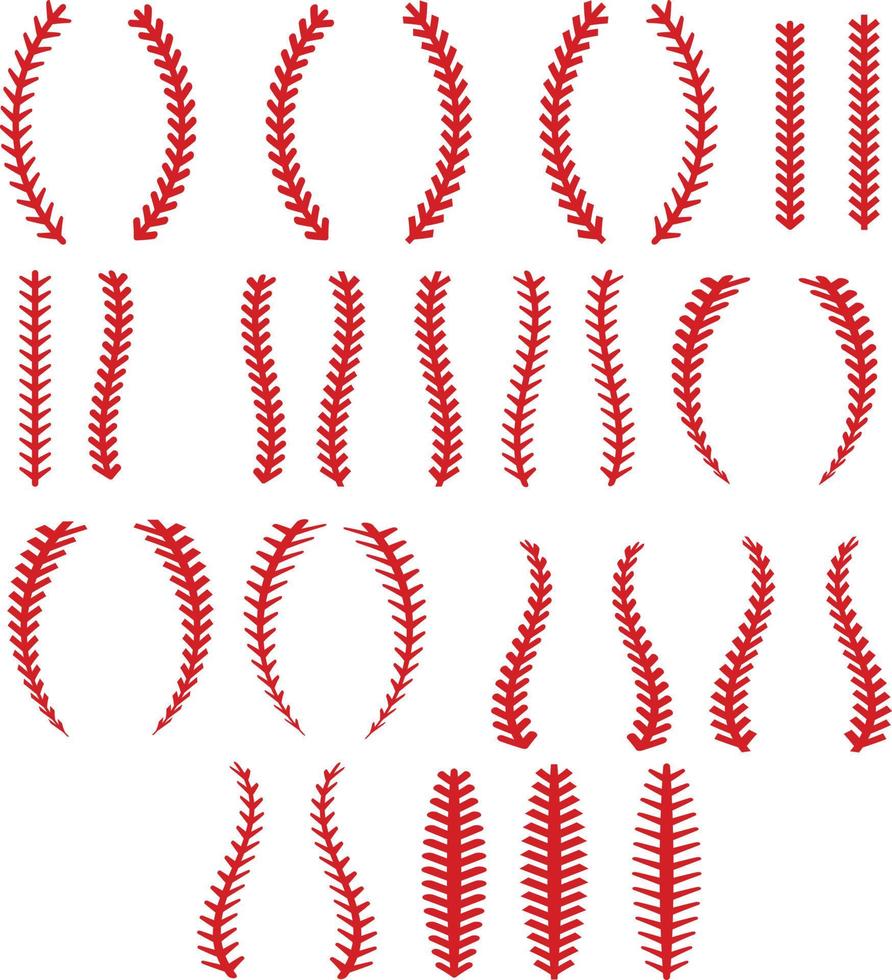 puntadas rojas de puntada de beisbol. puntada roja o costura de la pelota de beisbol. signo de costura de encaje rojo. estilo plano vector