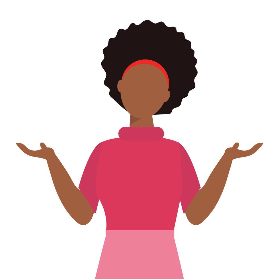 mujer afroamericana con encogimiento de hombros. Uy, no lo sé. perdón. ilustración vectorial vector