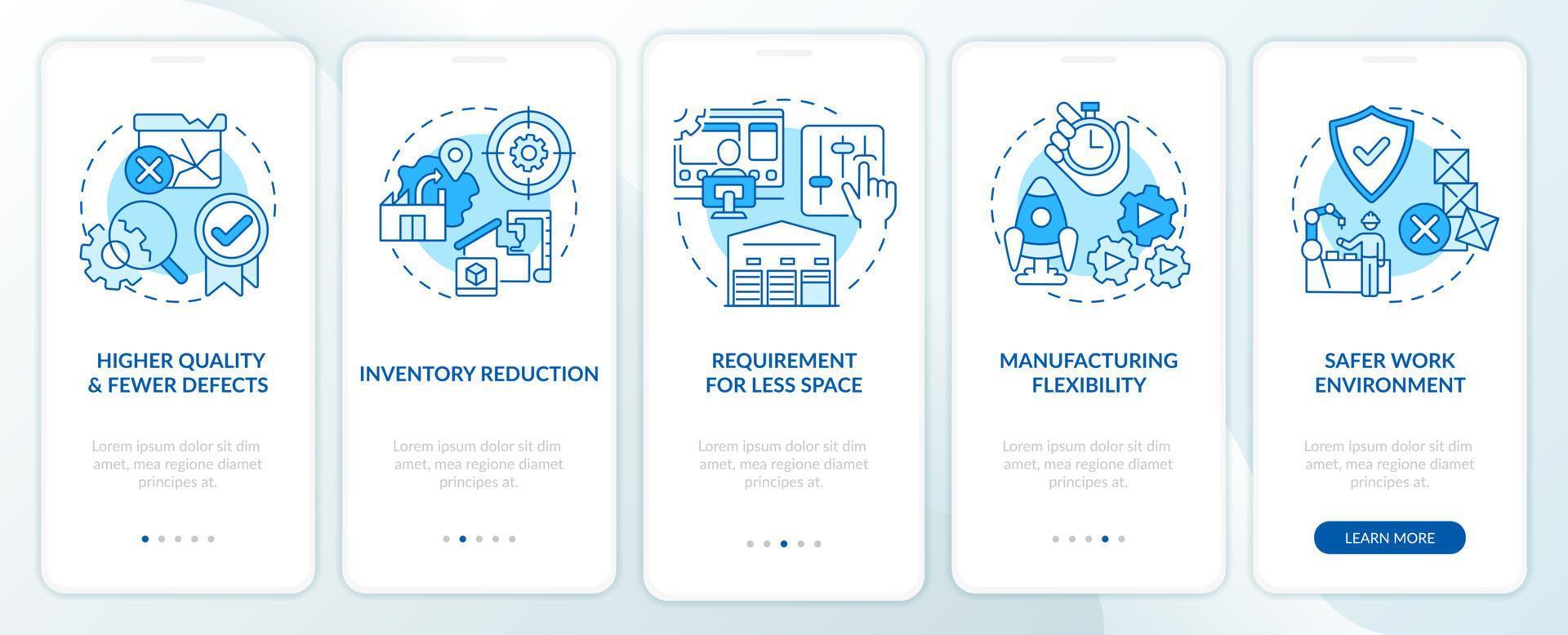 ventajas de flujo de una pieza pantalla de aplicación móvil de incorporación azul. tutorial 5 pasos páginas de instrucciones gráficas con conceptos lineales. interfaz de usuario, ux, plantilla de interfaz gráfica de usuario. vector