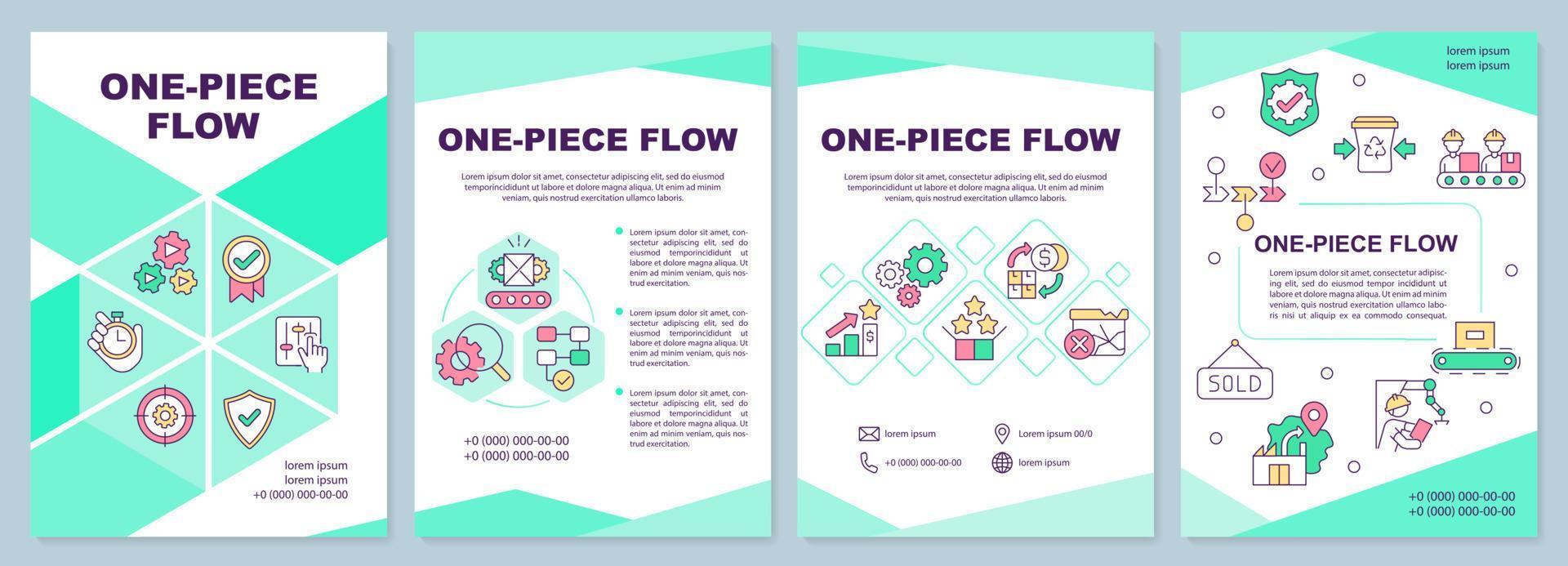 One piece flow brochure template. Lean manufacturing. Leaflet design with linear icons. 4 vector layouts for presentation, annual reports.