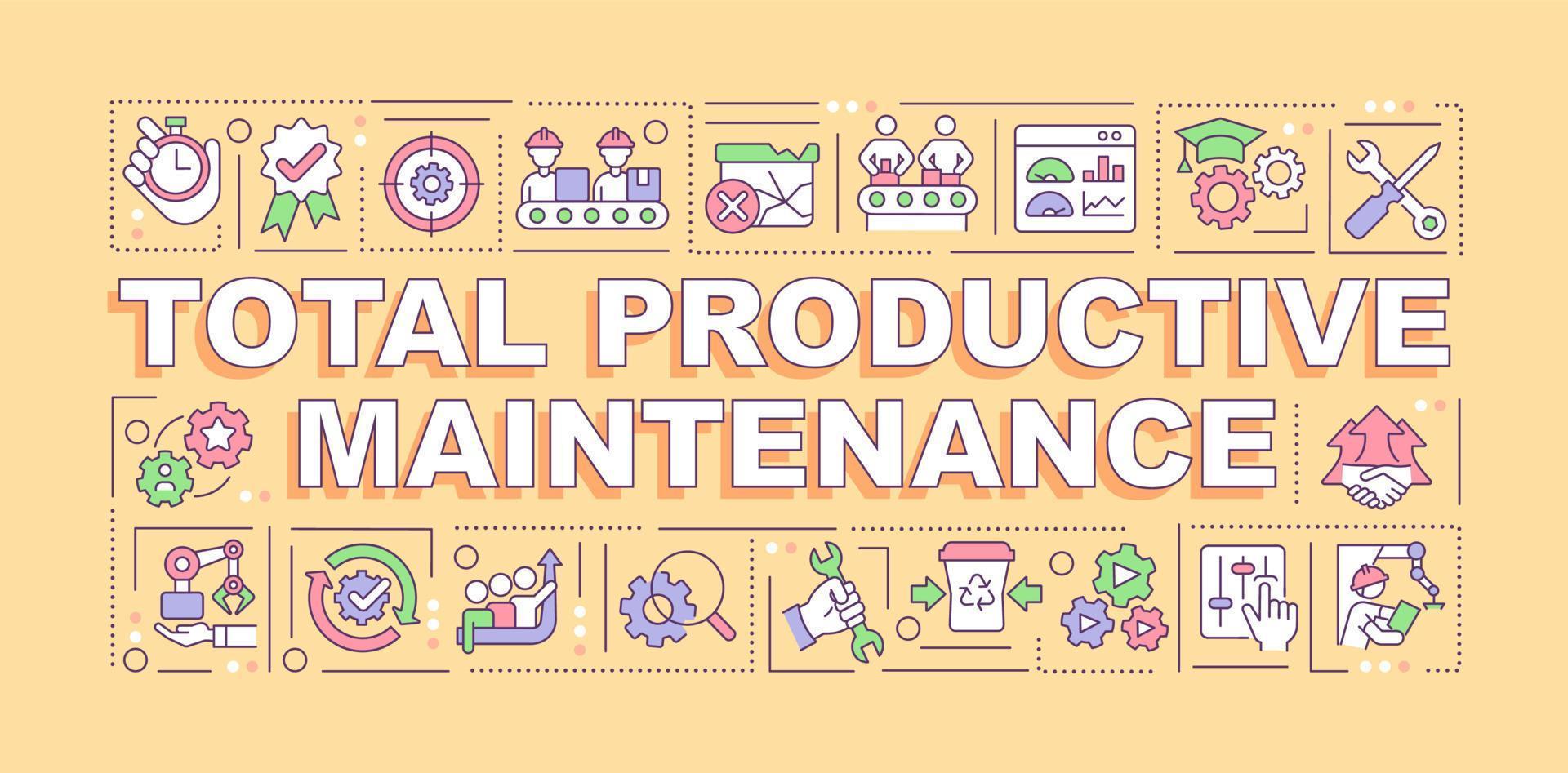 Total productive maintenance word concepts orange banner. Lean production. Infographics with icons on color background. Isolated typography. Vector illustration with text.