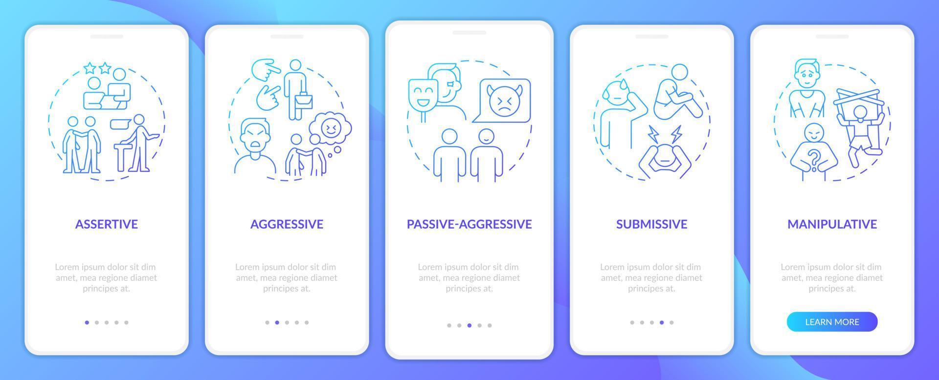 Communication patterns blue gradient onboarding mobile app screen. Walkthrough 5 steps graphic instructions pages with linear concepts. UI, UX, GUI template. vector