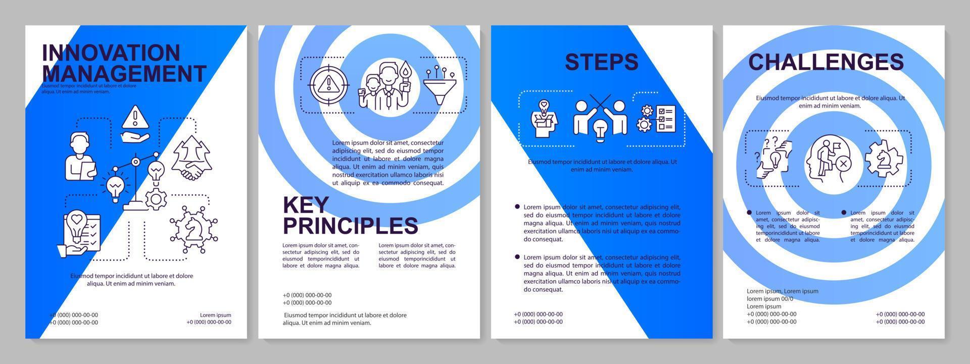 Innovation management steps and challenges blue brochure template. Leaflet design with linear icons. 4 vector layouts for presentation, annual reports.