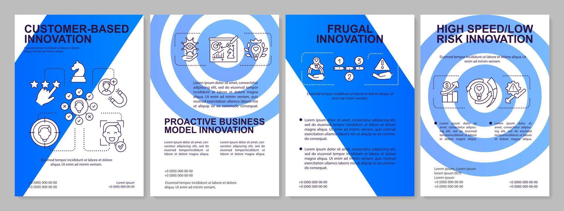 Future of innovation management aspects blue brochure template. Low risk. Leaflet design with linear icons. 4 vector layouts for presentation, annual reports.