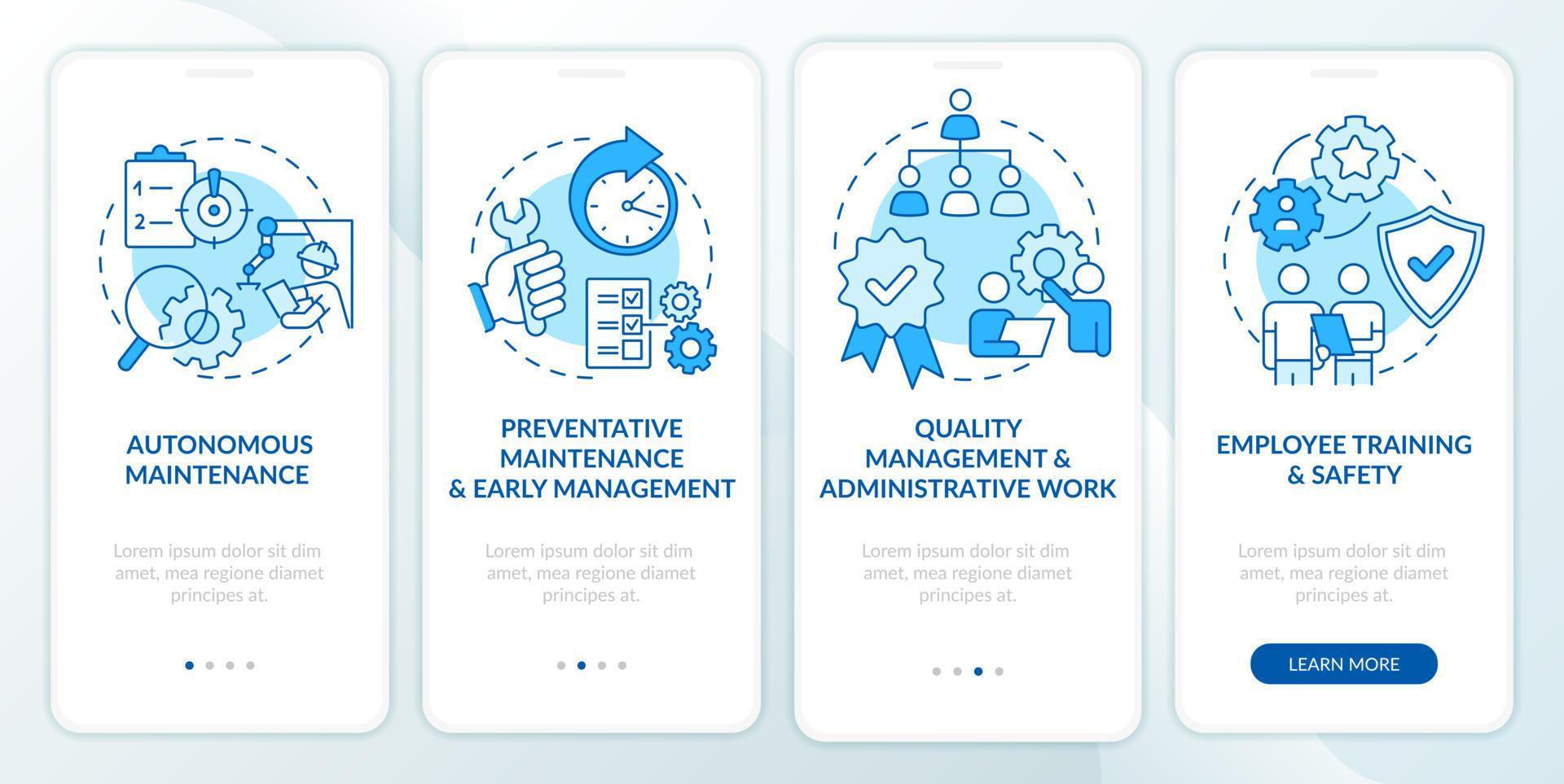 Total productive maintenance blue onboarding mobile app screen. Walkthrough 4 steps graphic instructions pages with linear concepts. UI, UX, GUI template. vector