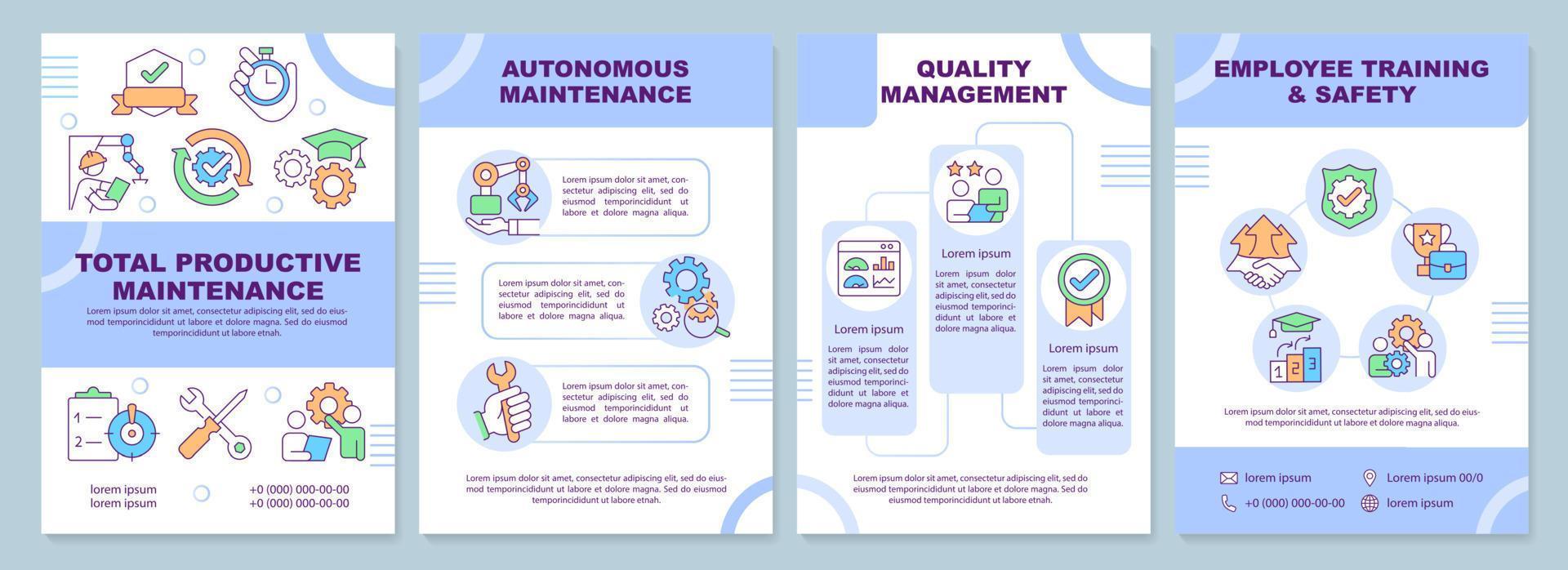 Total productive maintenance brochure template. Equipment improvement. Leaflet design with linear icons. 4 vector layouts for presentation, annual reports.