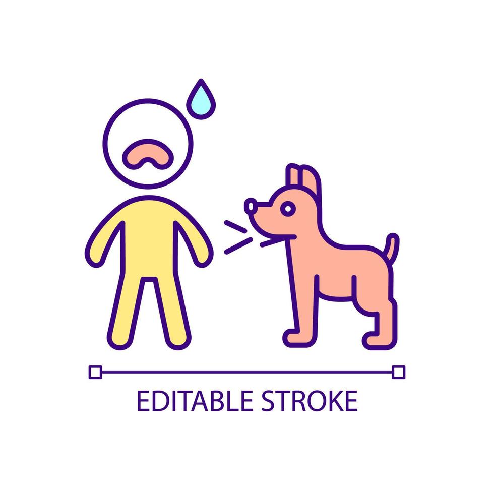 Child scared of dog RGB color icon. Barking pet. Screaming and crying toddler. Frightened kid. Isolated vector illustration. Simple filled line drawing. Editable stroke.