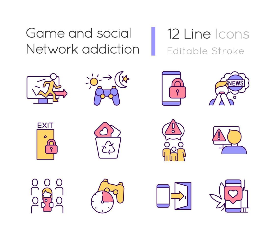 Game and social network addiction RGB color icons set. Virtual reality obsession. Isolated vector illustrations. Simple filled line drawings collection. Editable stroke.