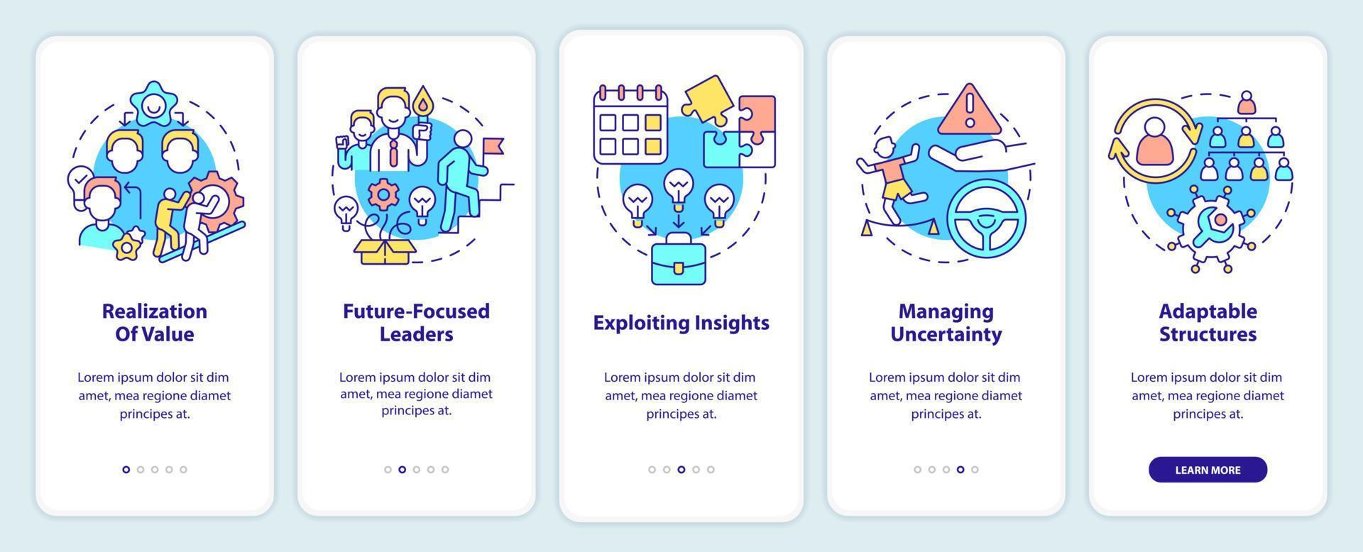Innovation management principles onboarding mobile app screen. Walkthrough 5 steps graphic instructions pages with linear concepts. UI, UX, GUI template. vector