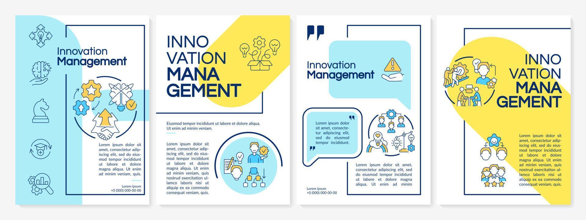 Innovation management system blue and yellow brochure template. Brainstorming. Leaflet design with linear icons. 4 vector layouts for presentation, annual reports.