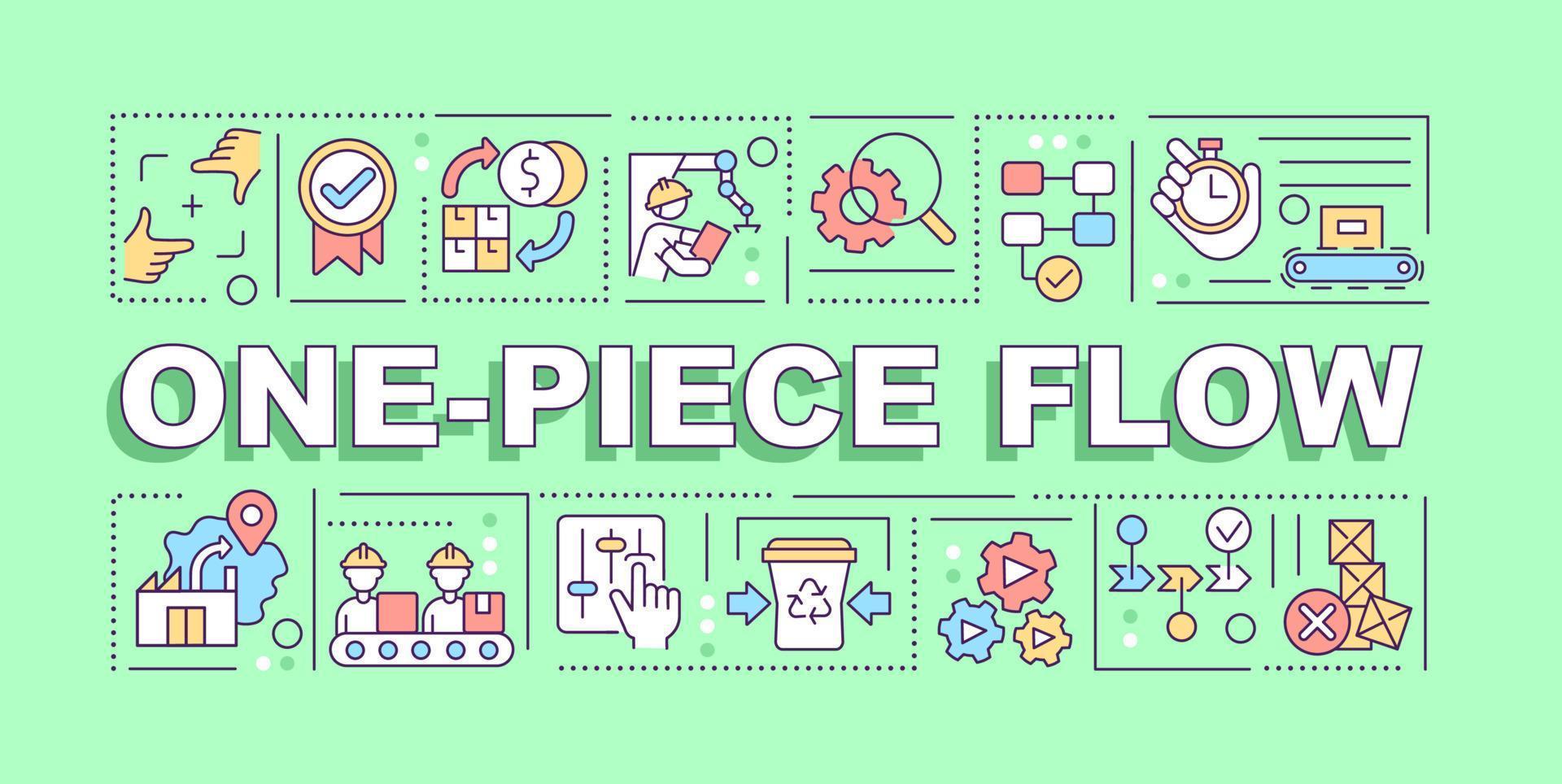 One piece flow word concepts green banner. Lean manufacturing. Infographics with icons on color background. Isolated typography. Vector illustration with text.