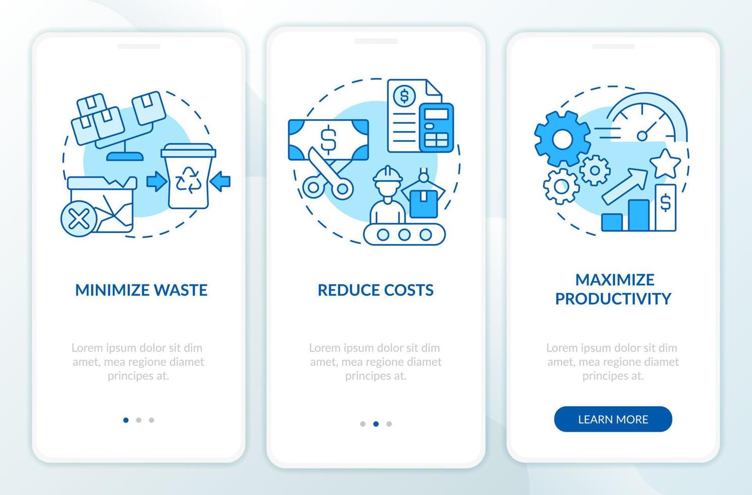 Purposes of lean manufacturing blue onboarding mobile app screen. Walkthrough 3 steps graphic instructions pages with linear concepts. UI, UX, GUI template. vector