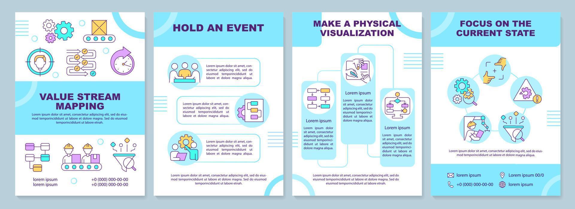 Value stream mapping brochure template. Lean manufacturing. Leaflet design with linear icons. 4 vector layouts for presentation, annual reports.
