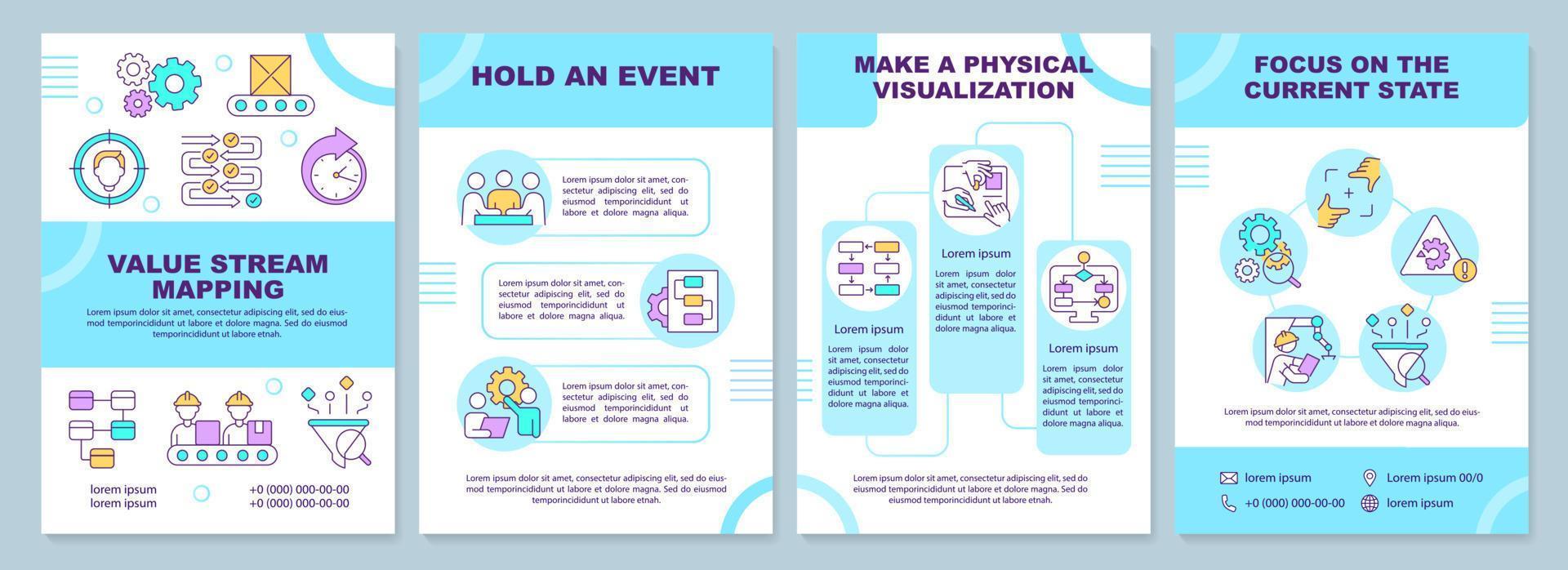 plantilla de folleto de mapeo de flujo de valor. manufactura esbelta. diseño de folletos con iconos lineales. 4 diseños vectoriales para presentación, informes anuales. vector