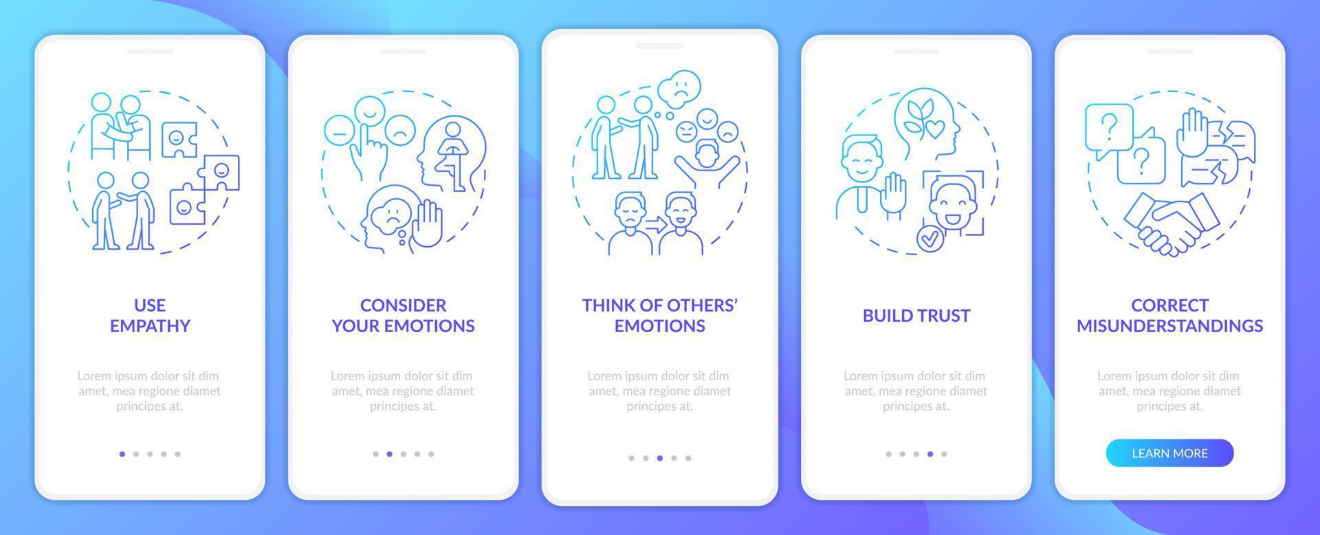 Improving emotional awareness blue gradient onboarding mobile app screen. Walkthrough 5 steps graphic instructions pages with linear concepts. UI, UX, GUI template. vector