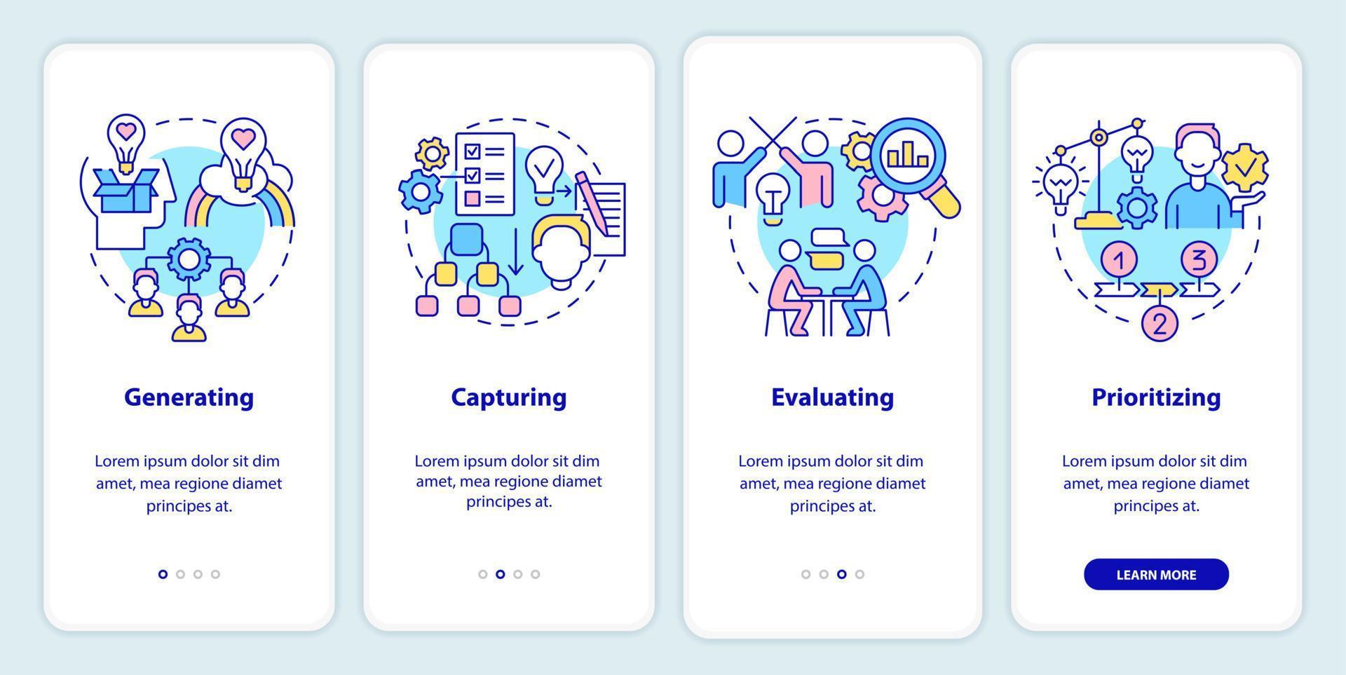 Innovation management steps onboarding mobile app screen. Generating idea walkthrough 4 steps graphic instructions pages with linear concepts. UI, UX, GUI template. vector