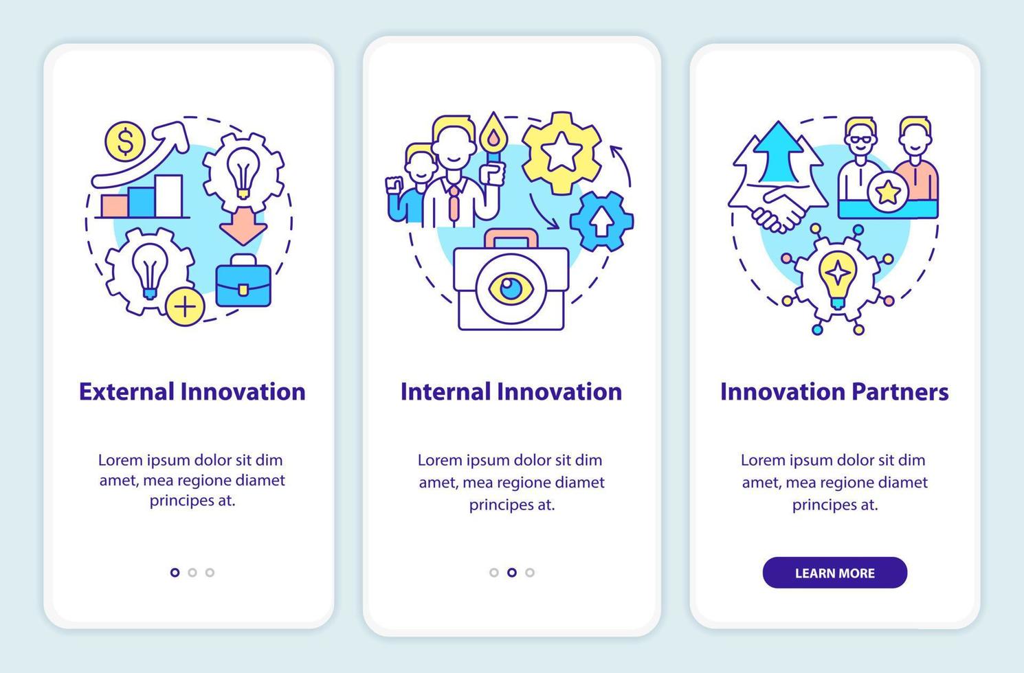 Sourcing innovation onboarding mobile app screen. External and internal walkthrough 3 steps graphic instructions pages with linear concepts. UI, UX, GUI template. vector