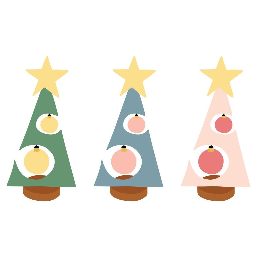 vector illustration set of stylish geometric Christmas trees with toys and a star.