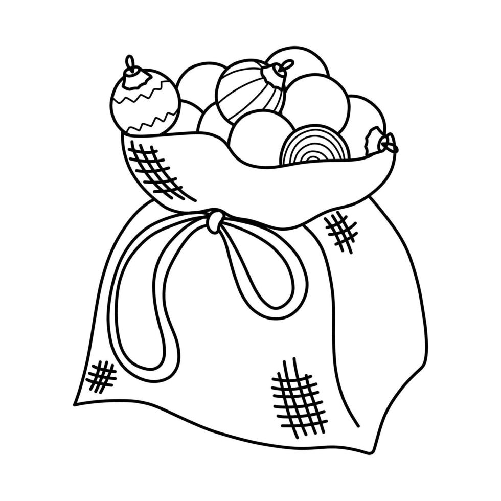 vector illustration in the style of a doodle bag with Christmas toys on a white background