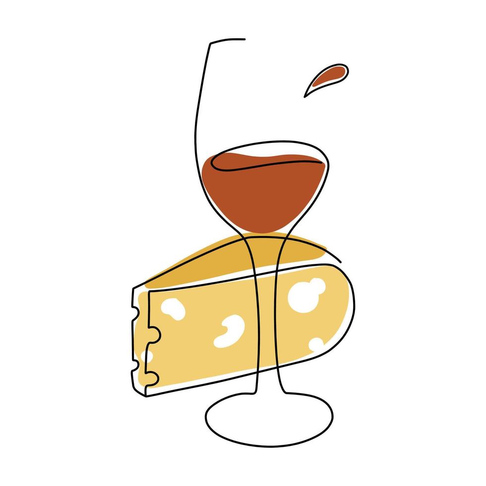 stylish vector illustration of a glass of wine and cheese in one line.