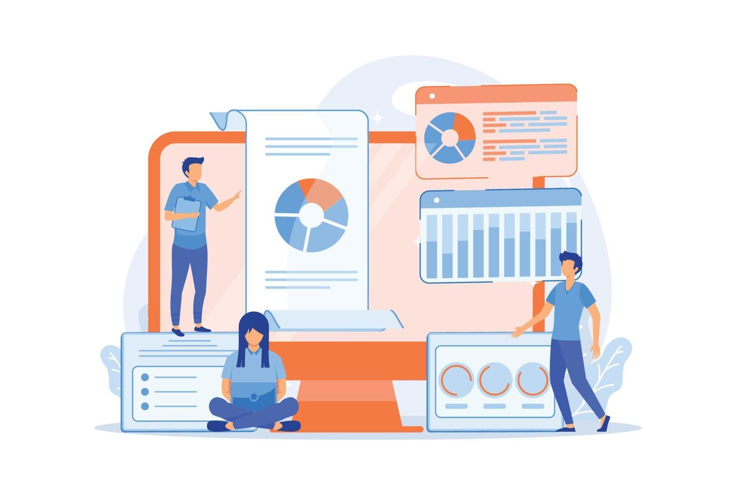 Business analysts performing idea management on computer screen. Innovation management software, brainstorming tools, inovation IT control concept. vector illustration