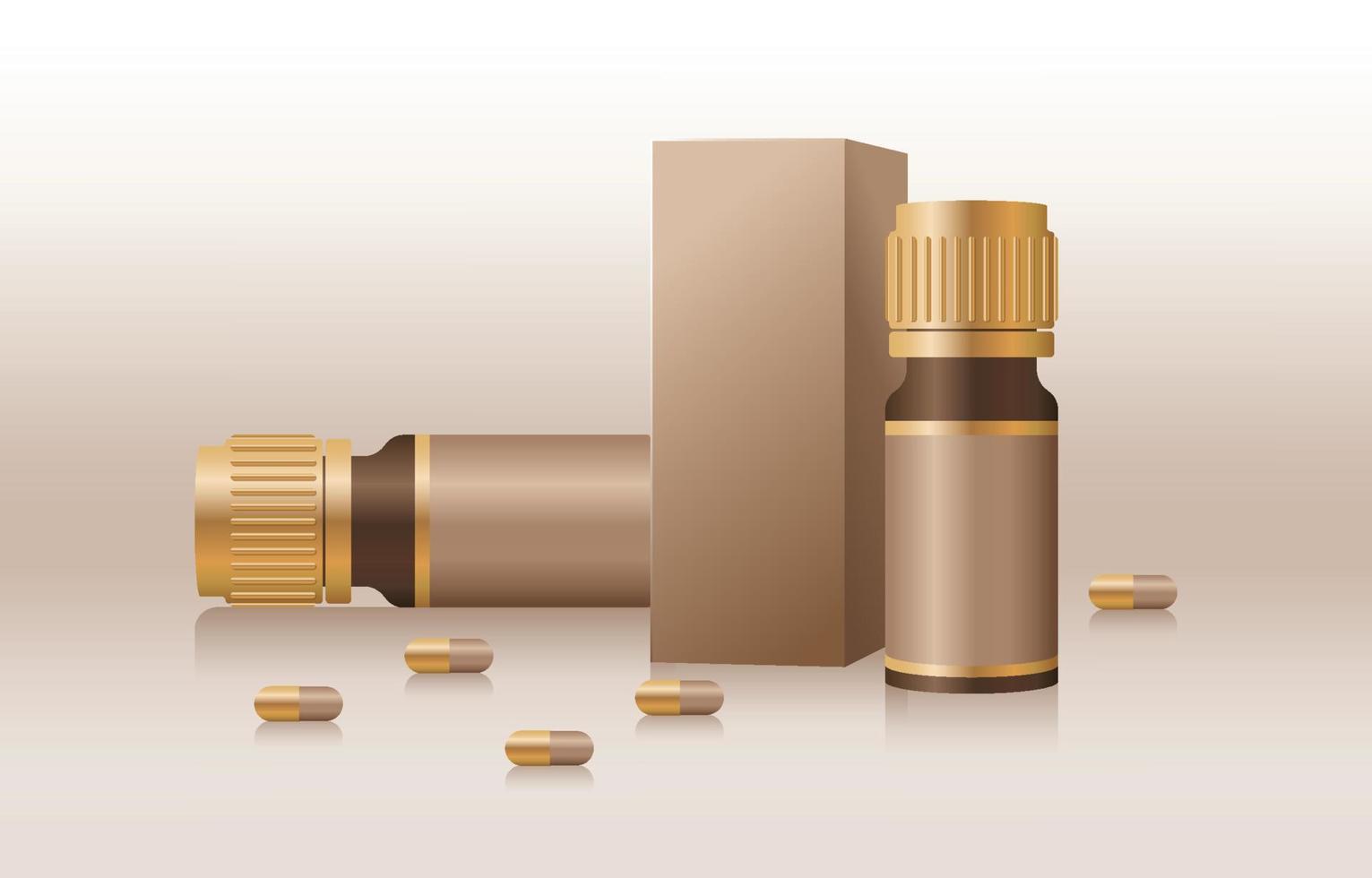 Health Golden Mock Up With Bottle, Packaging, And Pill Background vector