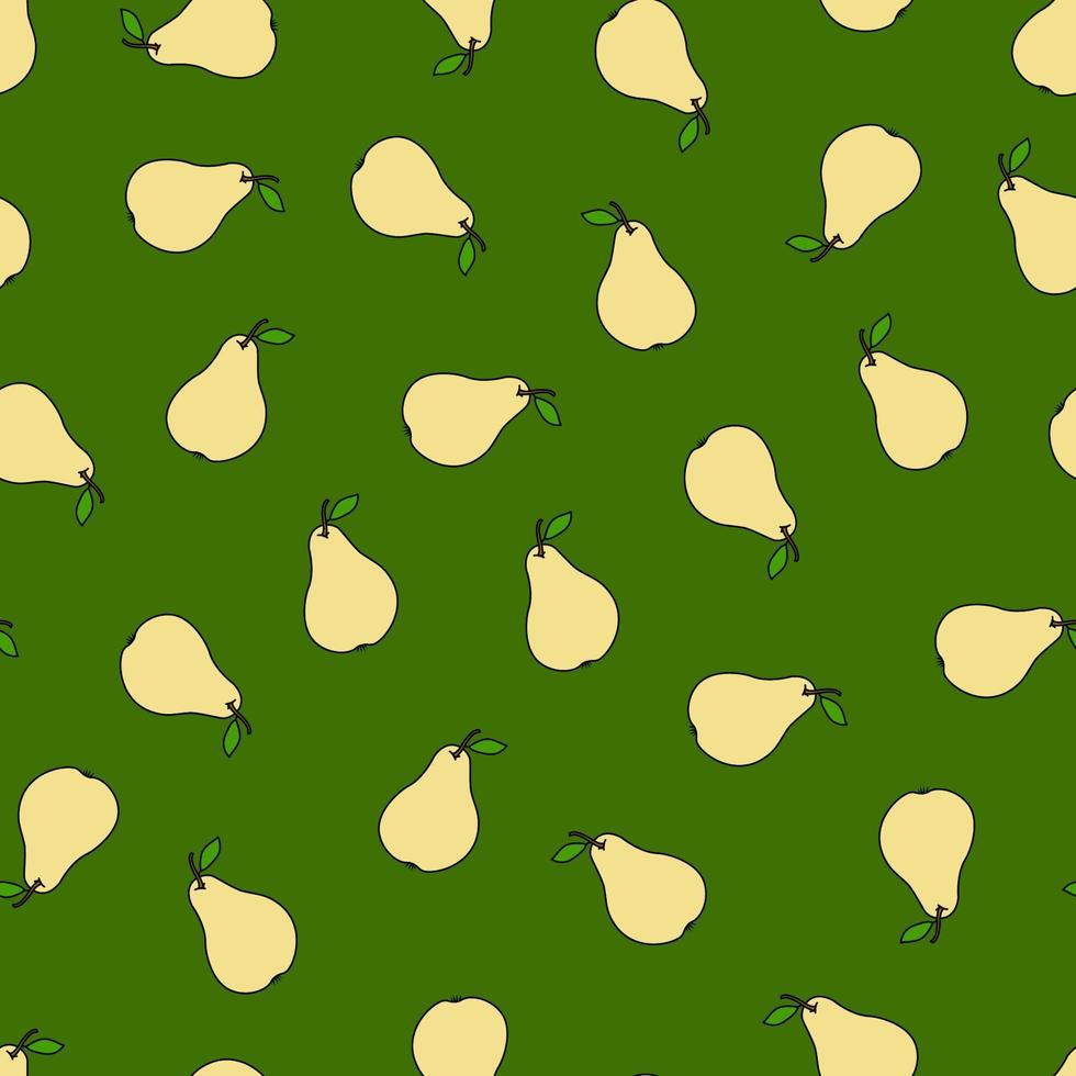 Seamless pattern with yellow pears on a green background. A pattern with tropical fruits. Doodles vector