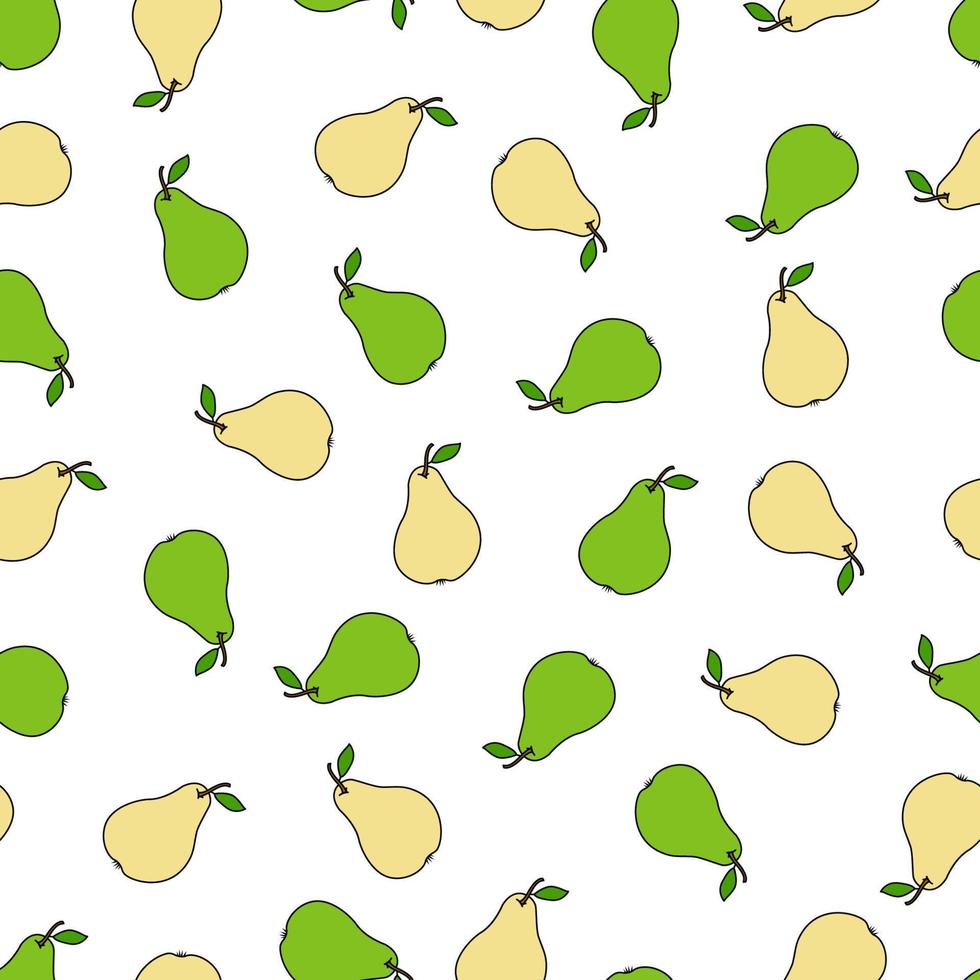 patrón impecable con peras amarillas y verdes sobre un fondo blanco. patrón de frutas garabatos vector