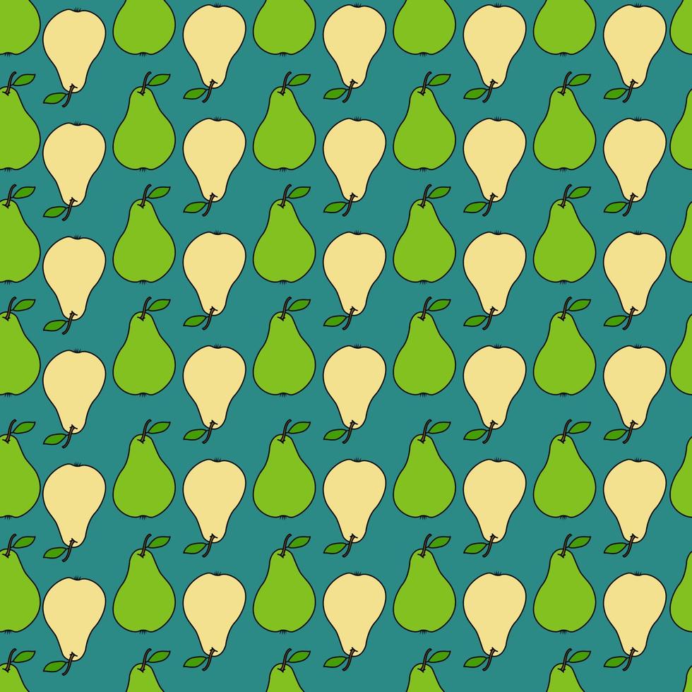 Seamless pattern with yellow and green pears on a green background. Fruit pattern. Doodles vector