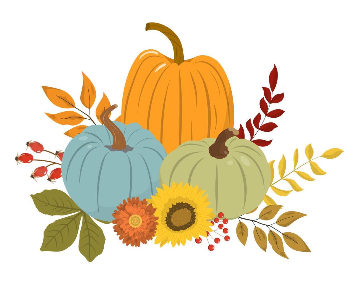 Cute autumn floral pumpkins with berries, and leaves. Isolated on white background. Fall seasonal design for greeting or poster. vector