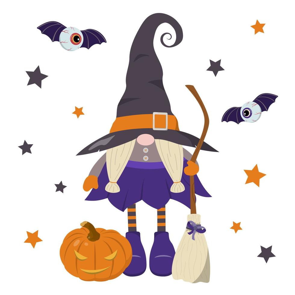 Cartoon cute Halloween gnome witch holding broom, pumpkin lantern, and creepy flying eyes. Isolated on white background. Great for holiday design, prints. vector