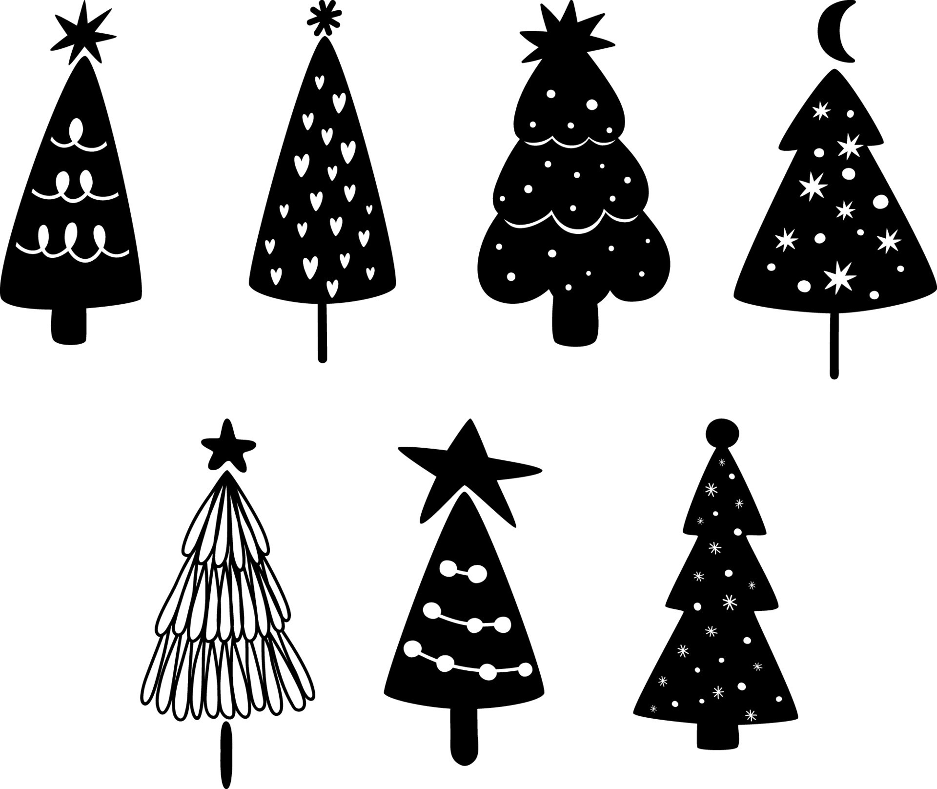 Christmas tree icon black set. Hand drawn Christmas tree silhouette
