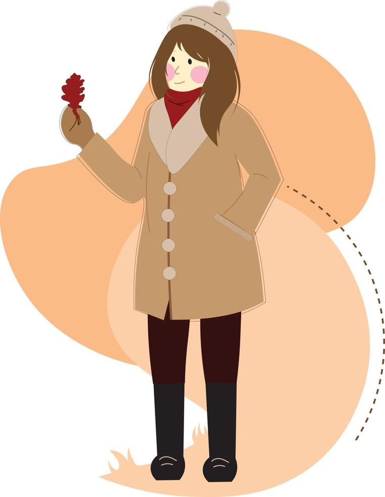 niña sosteniendo hoja de roble rojo en ropa de moda vector plano patrón sin costuras. chica en ropa de otoño telón de fondo decorativo. Chicas elegantes con diseño de papel tapiz de prendas de vestir exteriores de otoño e invierno.