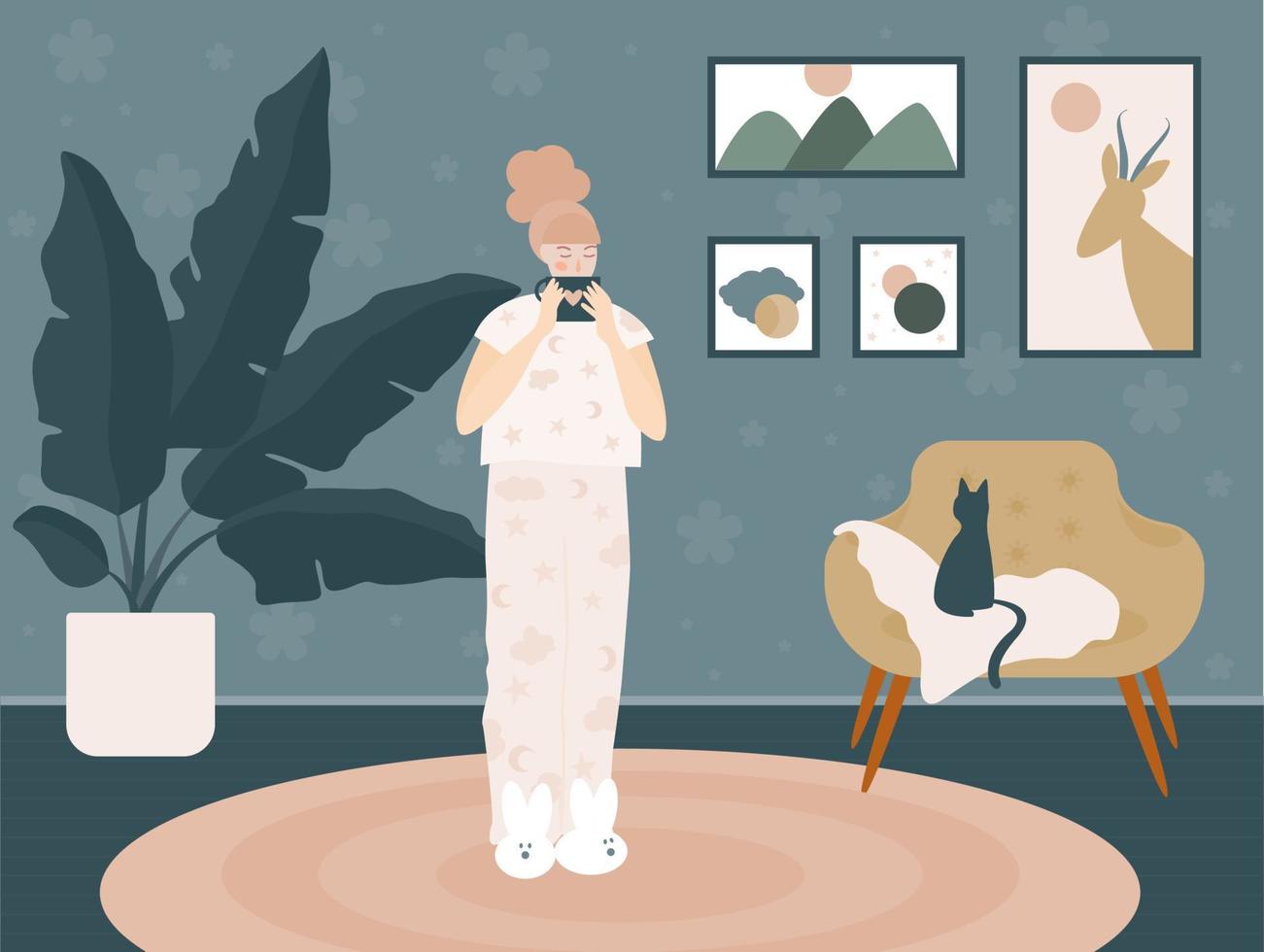 Cozy Hygge Comfort Home Interior. Girl at home. Doodle illustration for design vector
