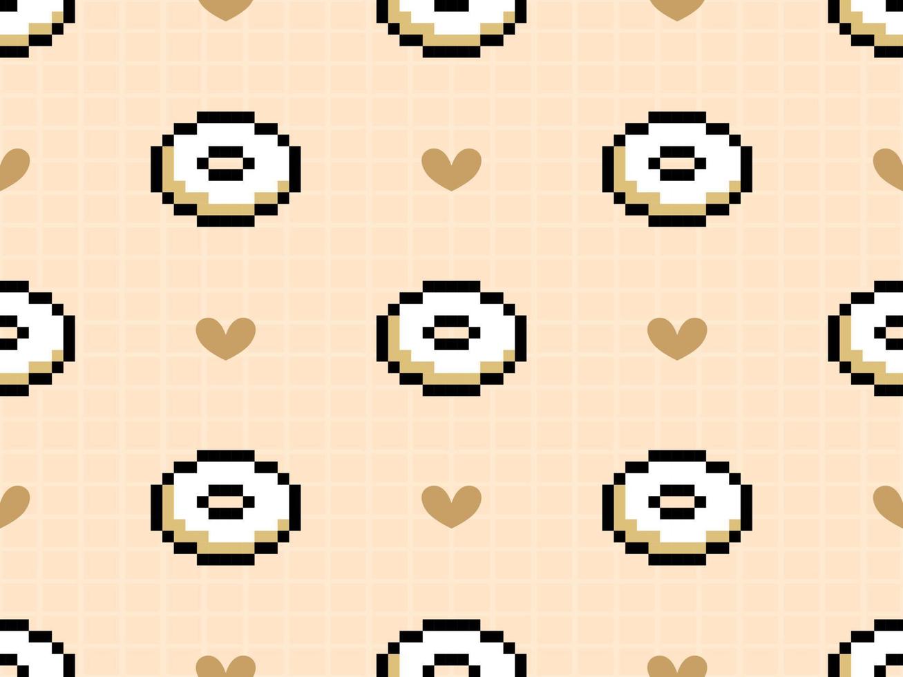 Donut cartoon character seamless pattern on yellow background.  Pixel style vector