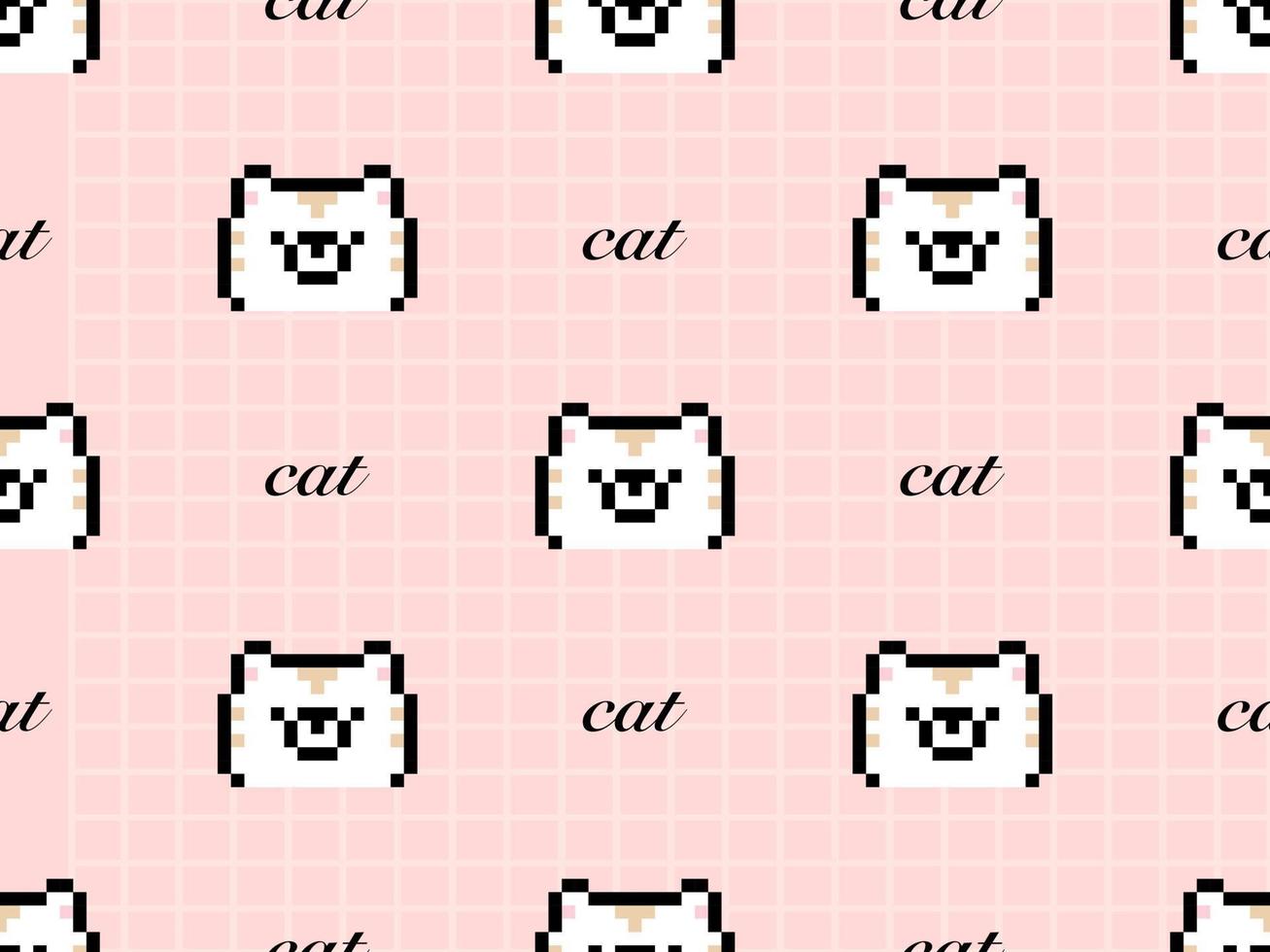 Cat cartoon character seamless pattern on pink background.  Pixel style vector