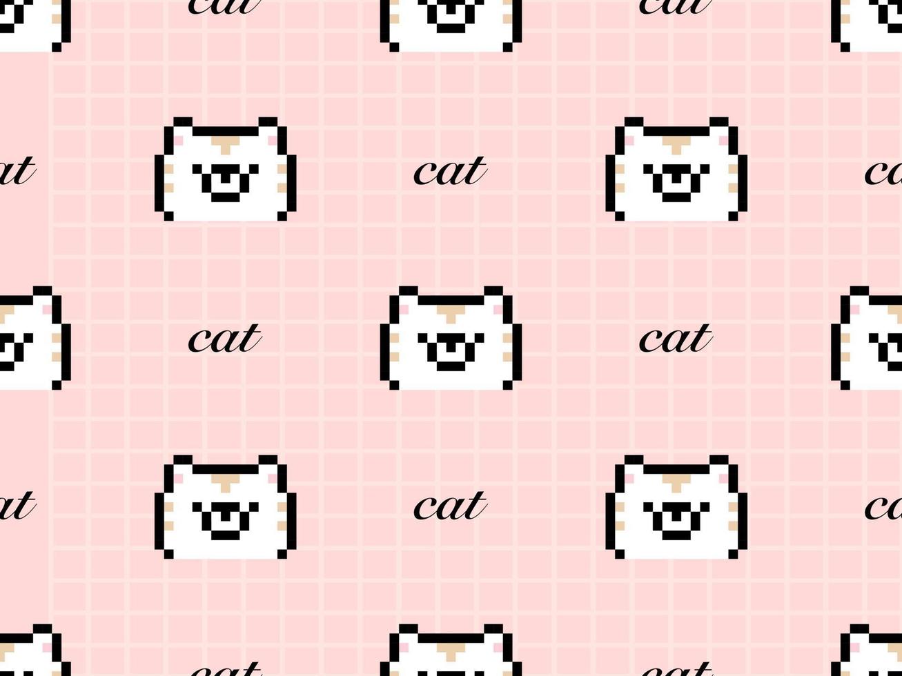 Cat cartoon character seamless pattern on pink background.  Pixel style vector