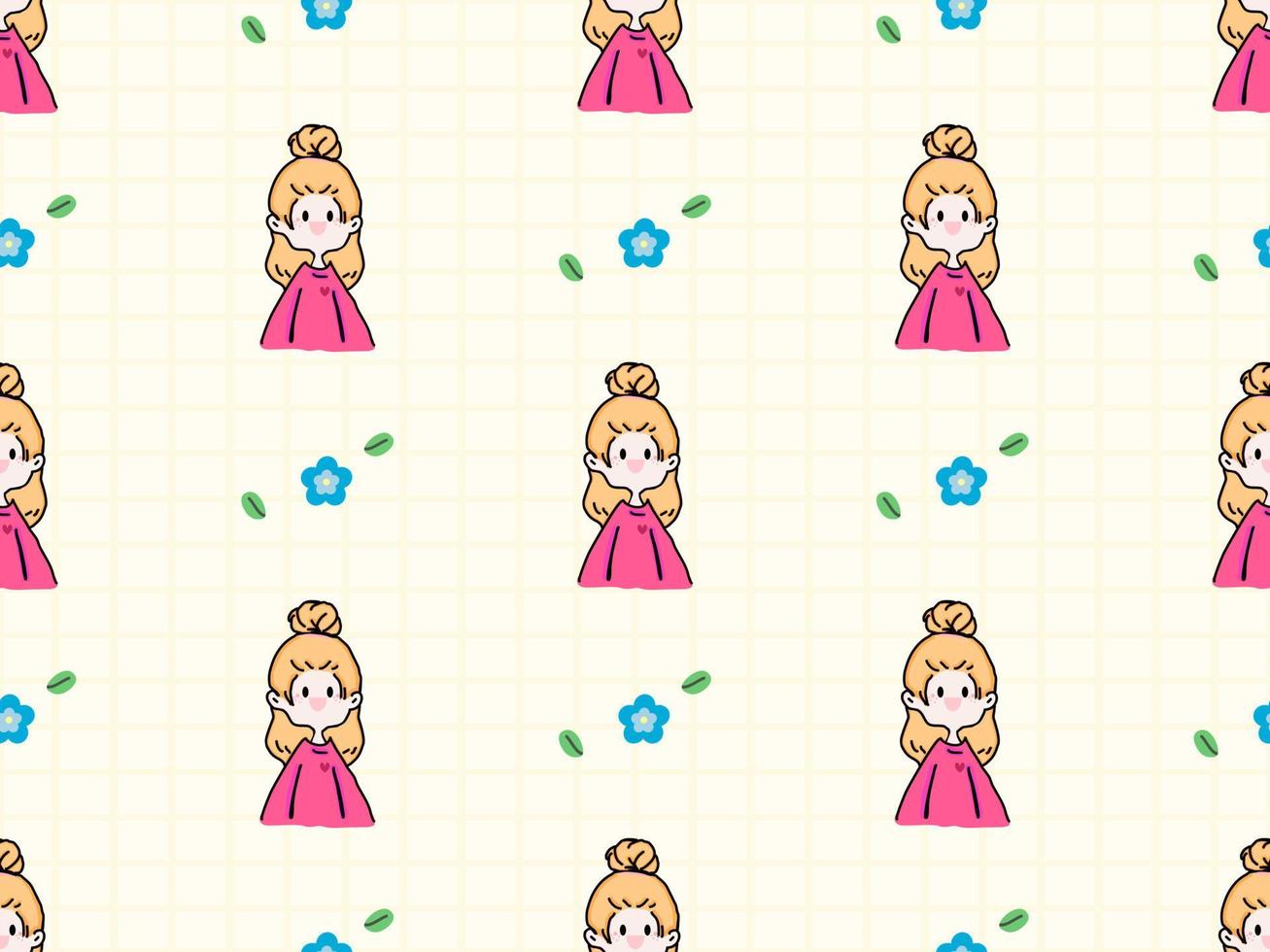 Girl cartoon character seamless pattern on yellow background vector