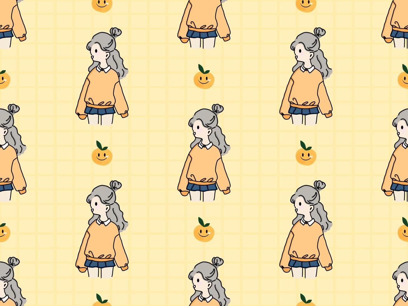 Girl cartoon character seamless pattern on yellow background vector