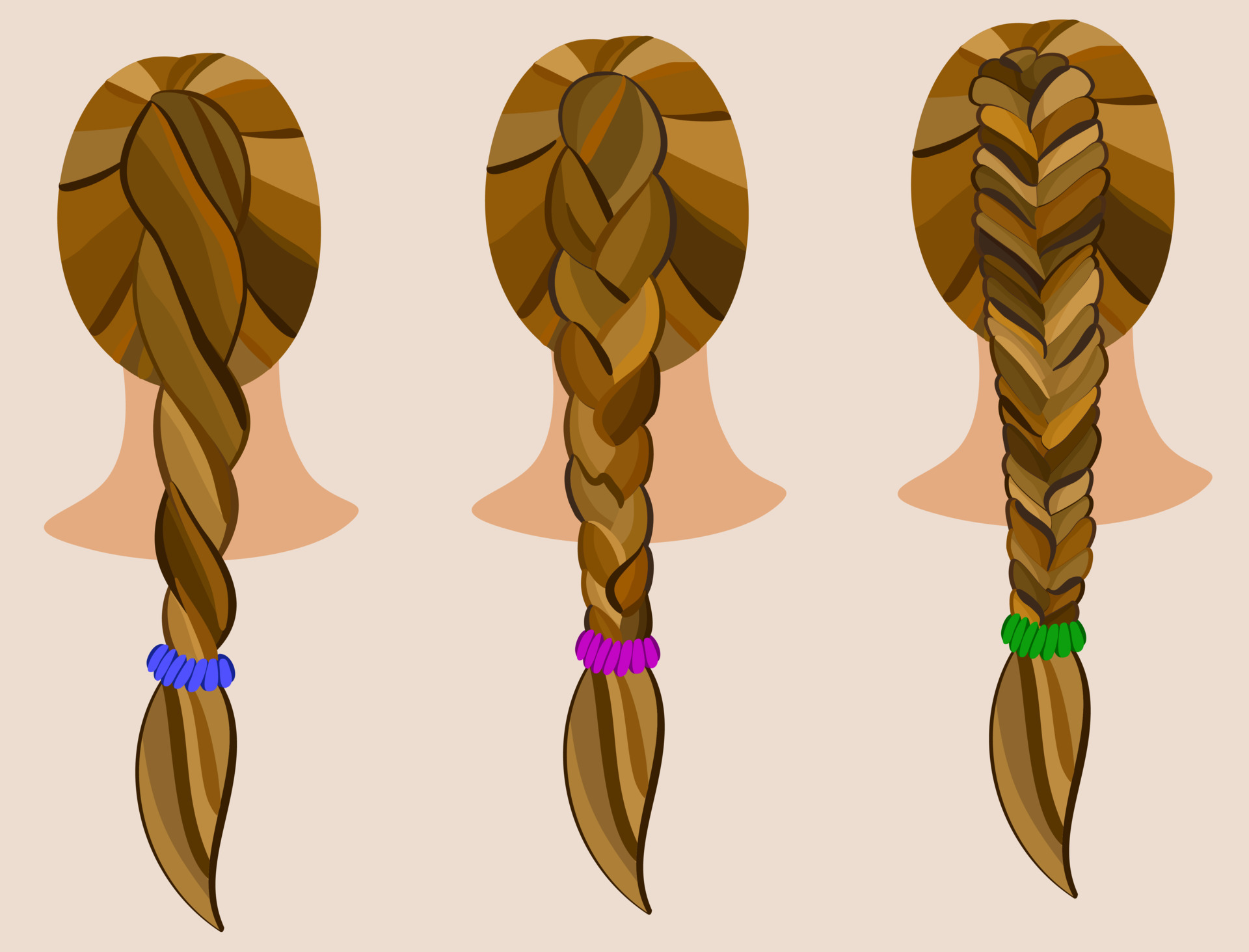 Three different types of braiding. Vector isolated illustration
