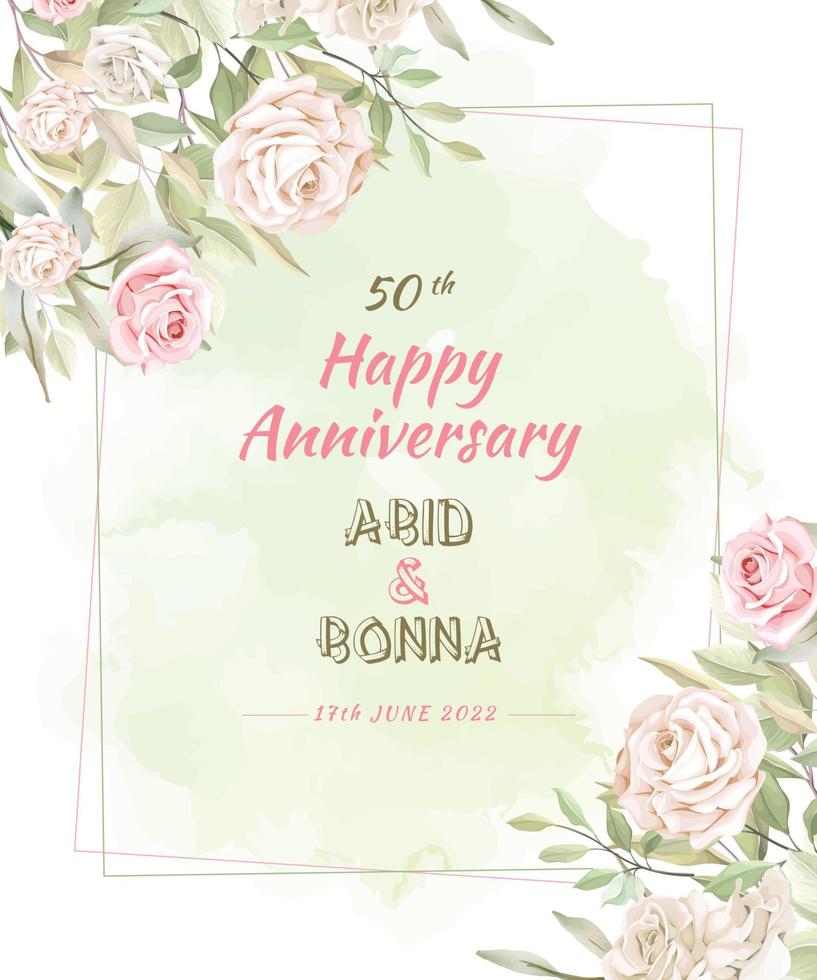 White and pink rose anniversary card, save the date card with watercolor background. vector