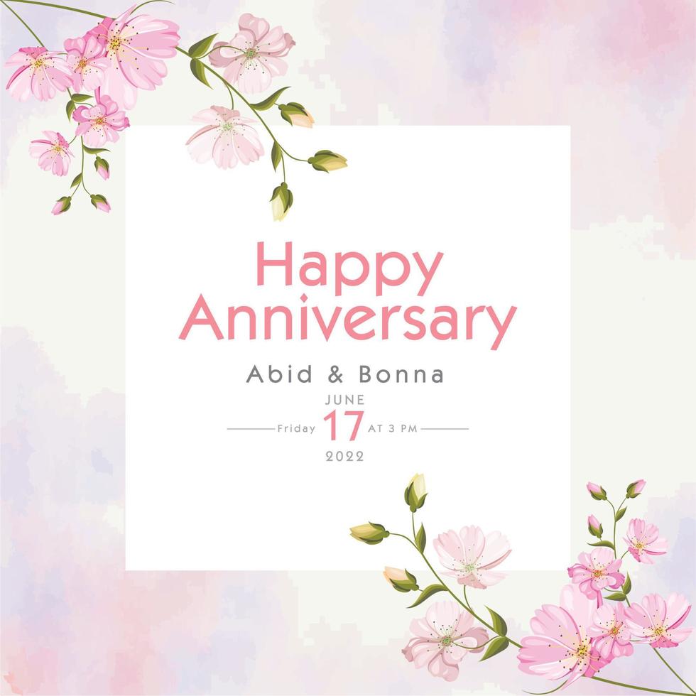 Pink flower anniversary card and invitation card. Watercolor valentine card, thank you card illustration drawing. vector