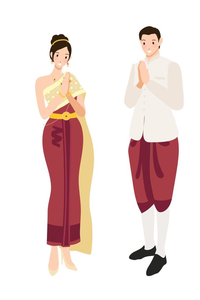 pareja de bodas tailandesas saludando con traje caqui crema claro tradicional y vestido dorado rojo eps10 ilustración vectorial vector