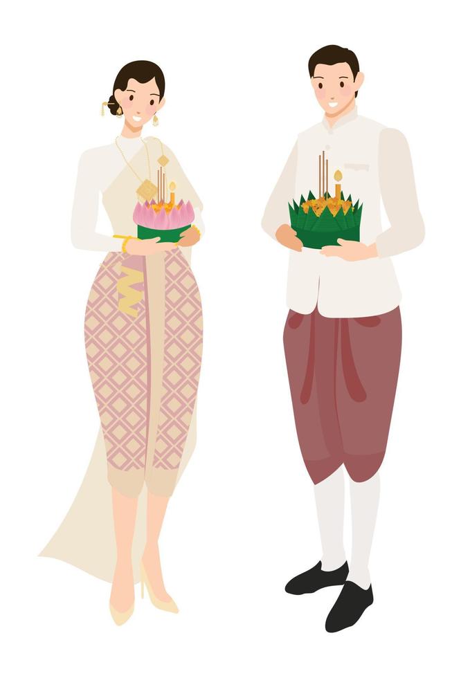 linda pareja tailandesa en flores flotantes loy krathong festival sobre fondo blanco aislado eps10 ilustración vectorial vector